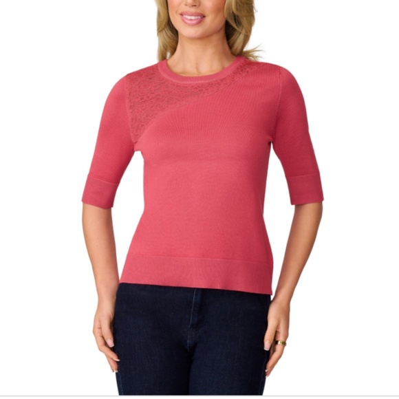 Melissa Paige Women's Lace-Panel Elbow-Sleeve Sweater - Baroque Rose NWT - Picture 3 of 4